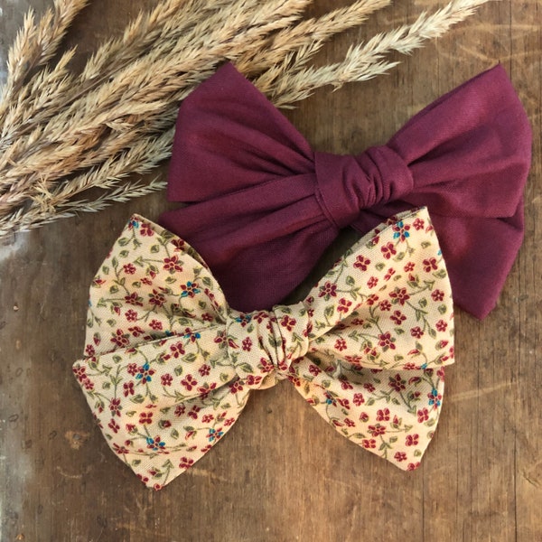 girls Fall hair bows, burgundy hair bow, fall floral hair bow, wine hair bow, newborn headband bow, autumn hair bow, schoolgirl bow, maroon