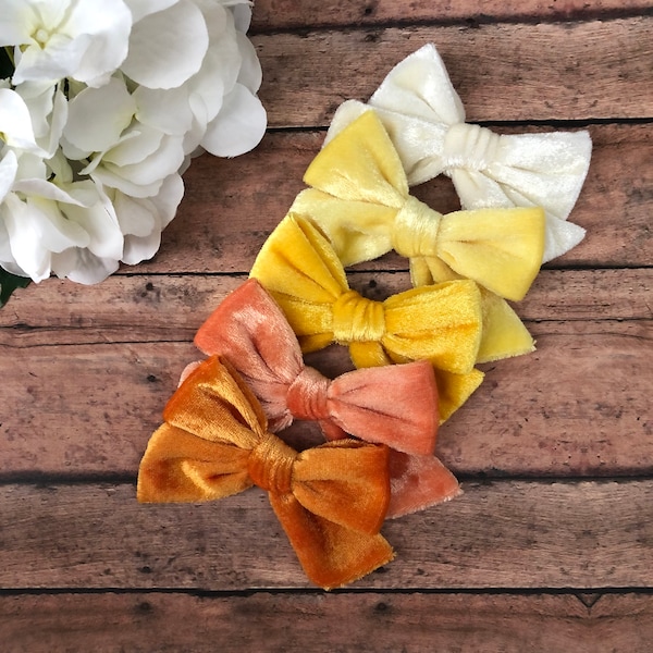 Velvet Hair Bows, Fall Hair Bows, Mustard Hair Bow, Pinwheel Hair Bow, Toddler Girl Gift, Girl Birthday Gift, Newborn Headband Bow