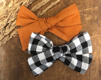 Pumpkin Orange Bow, Buffalo Plaid Hair bow, Fall Hair Bow, Rust Hair Clip, Autumn Hair Bow, Gingham Hair Bow, pinwheel bow, Pigtail Bows