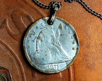 Rare Authentic 1871 US Seated Liberty Silver Dollar Necklace + 1940s WWII Sterling Sister Hook Chain - "Saloon Dollar" - Eagle Coin
