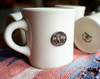 Set of 4 Custom-Made Homer Laughlin Diner Mugs w Authentic Buffalo Nickels - Made in USA - Lead Free - Great for Coffee, Tea, Christmas Gift