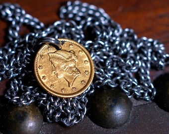 1853 One Dollar Gold US Liberty Necklace Handmade in USA Genuine Coin Antique Jewelry Patriotic American 250 Lady Mens Womens Fashion Vtg