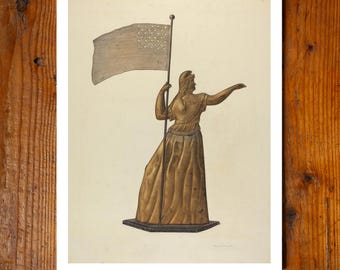 Bandera de veleta antigua de la Dama de la Libertad, impresión de archivo de 11x14 pulgadas, pintura hecha en EE. UU., diseño americano, decoración de pared, arte popular, bandera WPA, patriótica.