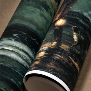 May include: Two rolled up prints of a painting depicting a man with a lantern walking a dog on a dark, stormy night. The sky is a dark green with white clouds and the water is a dark blue with white waves.