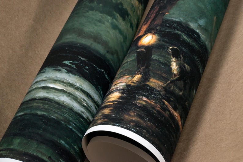 May include: Two rolled up prints of a painting depicting a man with a lantern walking a dog on a dark, stormy night. The sky is a dark green with white clouds and the water is a dark blue with white waves.
