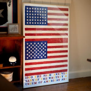 Original LARGE Jasper Johns Two Flags Limited Edition lithograph Poster - Whitney Museum 50th 1979 - Gallery Frame - American Flags - MCM