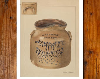 Jarra de gres antigua con bandera y escudo de Troya, impresión de archivo de 11x14 pulgadas, pintura hecha en EE. UU., diseño americano, decoración de pared, arte popular, WPA, cerámica patriótica.