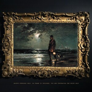May include: A framed painting depicting a lone figure walking along a beach at night with a lantern. The scene is illuminated by the moon and the figure's lantern. The painting is set in a dark, moody atmosphere.