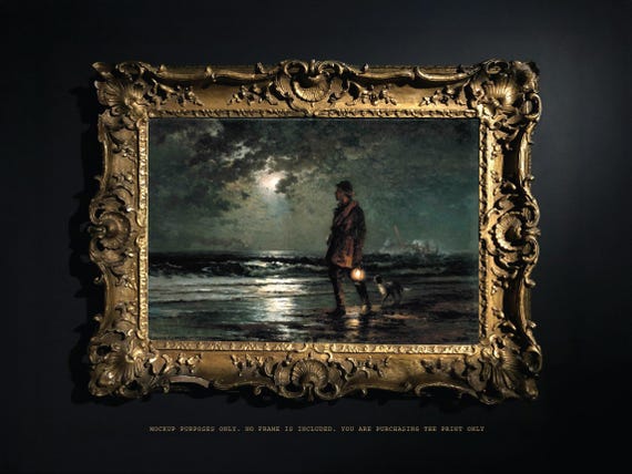 Edward Moran, Life Saving Patrol, ca. 1893 - Archival Giclee Print 16x24 - Printed in USA - Landscape/Waterscape, Male Figure, Dog Painting