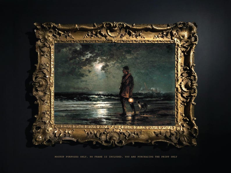 May include: A framed painting depicting a lone figure walking along a beach at night with a lantern. The scene is illuminated by the moon and the figure's lantern. The painting is set in a dark, moody atmosphere.