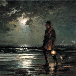 May include: A man in a dark coat and hat walks along a beach at night, holding a lantern. A dog follows behind him. The moon is visible in the sky, and the waves are crashing on the shore.