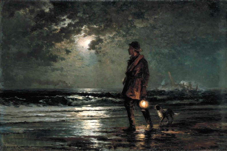 May include: A man in a dark coat and hat walks along a beach at night, holding a lantern. A dog follows behind him. The moon is visible in the sky, and the waves are crashing on the shore.