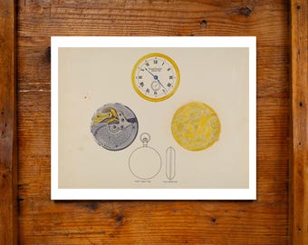 Reloj de bolsillo antiguo Columbus Gold, impresión giclée de archivo, 11x14, acuarela, hecho en EE. UU., diseño americano, decoración de pared, arte popular, caza de ciervos de la WPA.
