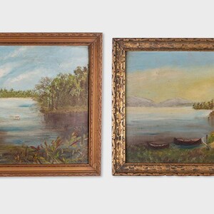 Beautiful Pair of Original Antique 1890s Oil Paintings Adirondacks or White Mountains Framed & Signed "Clark" - Lake Landscape Canoes Birch