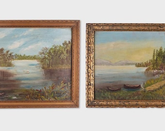 Beautiful Pair of Original Antique 1890s Oil Paintings Adirondacks or White Mountains Framed & Signed "Clark" - Lake Landscape Canoes Birch
