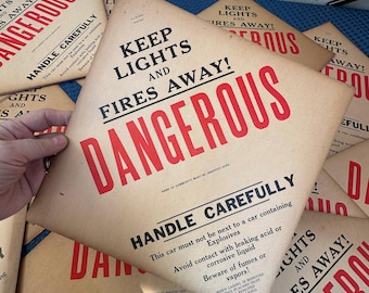 Rare (1) Original DANGEROUS! 1940s Railroad Paper Warning Sign NYCS RR Paper Ephemera - "Keep Fire & Lights Away" Wall Art Poster Print
