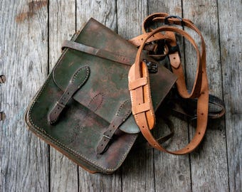 Bolso bandolera de cuero militar estadounidense antiguo y raro, con fuelle verde, auténtico, estilo RRL, para hombre y mujer.