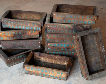 One (1) Original Handmade Wood Hardware Parts Bin - Blue Painted Stenciled - Willard Machinery New England - Vintage / Antique Storage