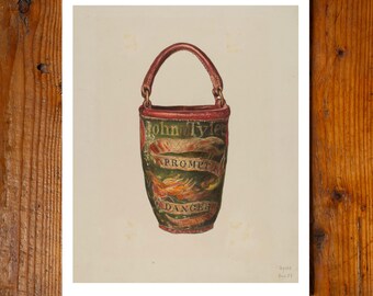 Cubo de bomberos antiguo de cuero pintado, impresión de archivo de 11x14 pulgadas, pintura hecha en EE. UU., diseño americano, decoración de pared, arte popular, bombero primitivo de la WPA