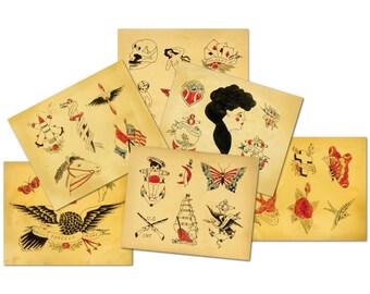 Originele vintage tattoo flash-collectie - AFDRUKBAAR - 6 verschillende stukken - ee anker vrouw militaire adelaar vlinder kunst aan de muur schilderij