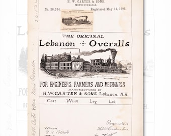 Antieke overall handelsmerk poster - DIGITALE DOWNLOAD kunst aan de muur - werkkleding spoorweg trein denim vintage kleding "Carter's Libanon overalls"