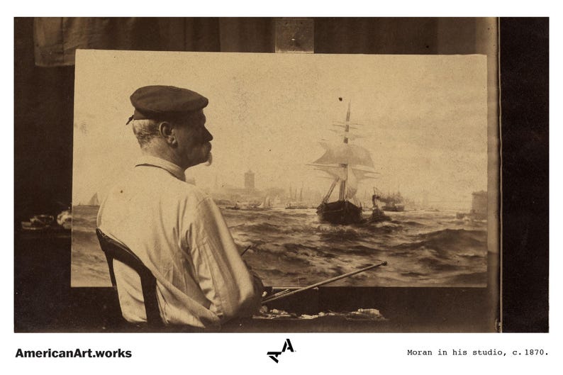 May include: A man in a cap sits in his studio, painting a seascape with a large ship in the foreground. The painting is on an easel and the man is holding a brush in his right hand.