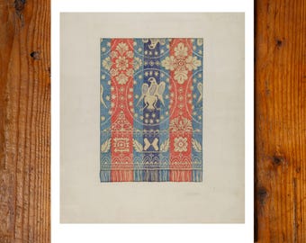 Colcha antigua de jacquard con águila, impresión giclée de archivo, 11x14, pintura hecha en EE. UU., diseño americano, decoración de pared, arte popular, manta textil WPA.