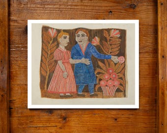 Alfombra antigua figurativa tejida a mano, arte popular, impresión de archivo, 11x14, acuarela, hecha en EE. UU., diseño americano, decoración de pared, arte popular, matrimonio WPA, cortejo.