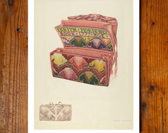 1777 Monedero antiguo cosido, impresión de archivo, 11x14, pintura, hecho en EE. UU., diseño americano, decoración de pared, arte popular, bordado WPA John Hancock