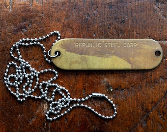 Original Antique Republic Steel Brass Tag Necklace - LARGE pendant - Made in USA - Stainless Ballchain Workwear Industrial Tag
