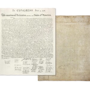 May include: Two aged documents, one with text reading "IN CONGRESS. JULY 4. 1776. The unanimous Declaration of the thirteen united States of America." The other document is aged and blank.