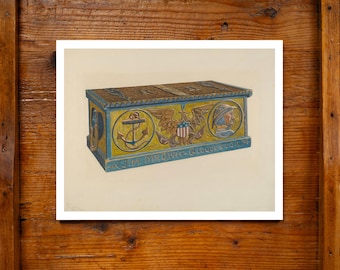 Cofre de mar patriótico decorado con pintura, impresión de archivo de 11x14, acuarela, hecho en EE. UU., diseño americano, decoración de pared, arte popular, WPA, ancla náutica, capitán.