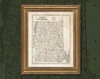 Prachtige antieke kaart uit 1840 van Vermont en New Hampshire - hoge resolutie DIGITALE DOWNLOAD - kunst aan de muur, man Cave, bibliotheek, taverne, restaurant, lodge