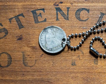 Original Antique 1854 Arrows Silver Seated Liberty Eagle Quarter Necklace Keychain - Vintage Jewelry - Wear History! Made in USA Great gift