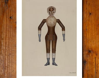 Muñeca antigua de madera pintada, impresión giclée de archivo, 11x14, pintura hecha en EE. UU., diseño americano, decoración de pared, arte popular, juguetes primitivos de la WPA, siglos XVIII y XIX.