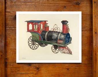 Tren de juguete antiguo, ferrocarril, impresión giclée de archivo, 11x14, acuarela, hecho en EE. UU., diseño americano, decoración de pared, arte popular, WPA, juguetes antiguos de hojalata litografiada.