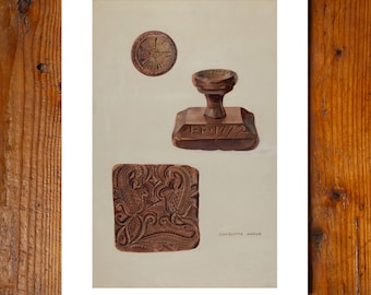 Sello textil antiguo de madera tallada de 1772, impresión de archivo de 11x14 pulgadas, pintura hecha en EE. UU., diseño americano, decoración de pared, arte popular, ropa primitiva de la WPA.