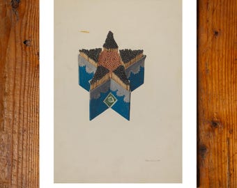 Caja de cerillas antigua con forma de estrella, impresión giclée de archivo, 11x14, pintura hecha en EE. UU., diseño americano, decoración de pared, arte popular, WPA, artículos primitivos para fumadores.