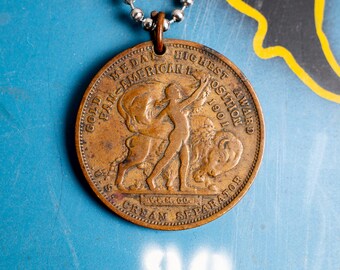 Rare Original 1901 Buffalo Pan American Exposition Token Necklace - Gold Medal Award US Cream Separator - Beautiful Nude Figure Engraving