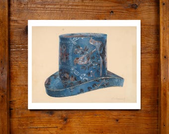 Caja de sombreros antigua decorada con pintura, impresión de archivo de 11x14, acuarela, hecha en EE. UU., diseño americano, decoración de pared, arte popular, WPA, náutico.