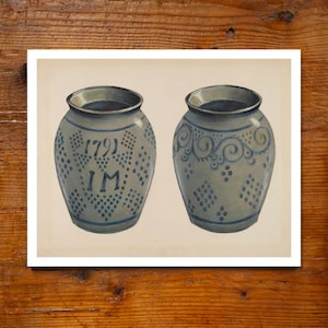 Antique 1791 Stoneware Vase Archival Giclee PRINT 11x14 Gouache Made in USA American Design Wall Decor Folk Art WPA Paint Decorated Crock