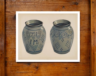Jarrón antiguo de gres de 1791. Impresión giclée de archivo de 11x14 pulgadas. Gouache. Hecho en EE. UU. Diseño americano. Decoración de pared. Arte popular. Jarrón decorado con pintura WPA.