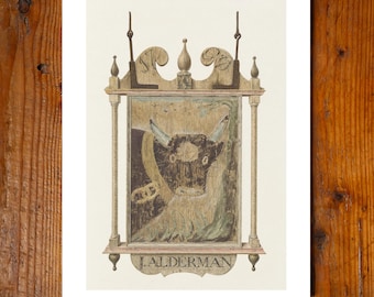 Letrero de taberna de madera estadounidense del siglo XVIII con vaca, impresión de archivo de 11x14 pulgadas, pintura hecha en EE. UU., diseño americano, decoración de pared, arte popular, señalización publicitaria de la WPA.