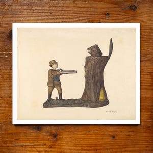 Antique Teddy Roosevelt Bank Archival Giclee PRINT 11x14 Watercolor Made in USA American Design Wall Decor Folk Art WPA Vtg Toys Hunting