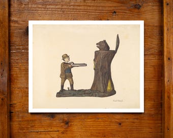Antiguo banco Teddy Roosevelt, impresión giclée de archivo, 11x14, acuarela, hecho en EE. UU., diseño americano, decoración de pared, arte popular, WPA, juguetes vintage, caza.