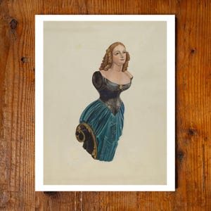 Antique Ship's Wood Figurehead Woman Archival Giclee PRINT 11x14 Painting Made in USA American Design Wall Wall Decor Folk Art Primitive WPA
