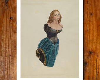 Figura de proa de madera de barco antiguo con figura femenina. Impresión giclée de archivo de 11x14 pulgadas. Pintura hecha en EE. UU. Diseño americano. Decoración de pared. Arte popular primitivo. WPA.