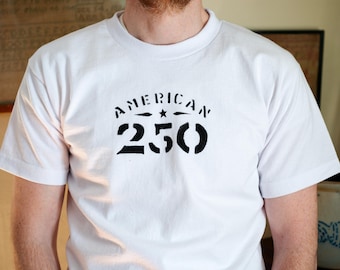 American 250 Logo Union Made in the USA 100% Cotton Heavyweight Hand-Stenciled T-Shirt - Vtg Style Patriotic Americana Workwear Painted