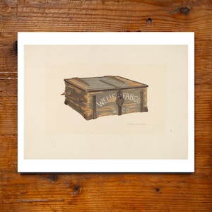 May include: An illustration of a vintage Wells Fargo & Co. strongbox. The box is rectangular with a hinged lid, secured by a lock. The box is painted in shades of green, brown, and gold, with the company name visible on the side.