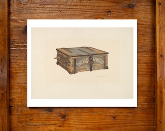 Caja fuerte antigua de Wells Fargo, impresión giclée de archivo, 11x14, acuarela, hecha en EE. UU., diseño americano, decoración de pared, arte popular, WPA, fiebre del oro, oeste americano.